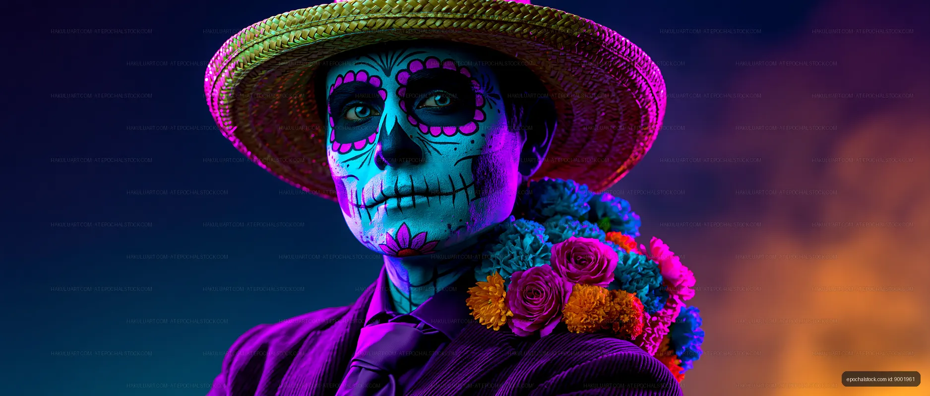 Skull painted man in traditional attire with flowers at celebration