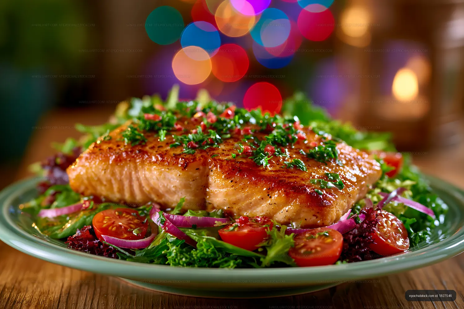 Salmon dish served on a plate with salad and colorful lights