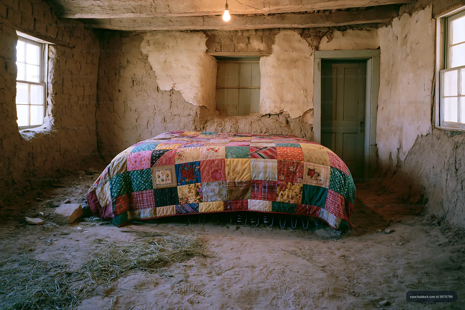 Old room with a bed and worn-out walls in a rural setting