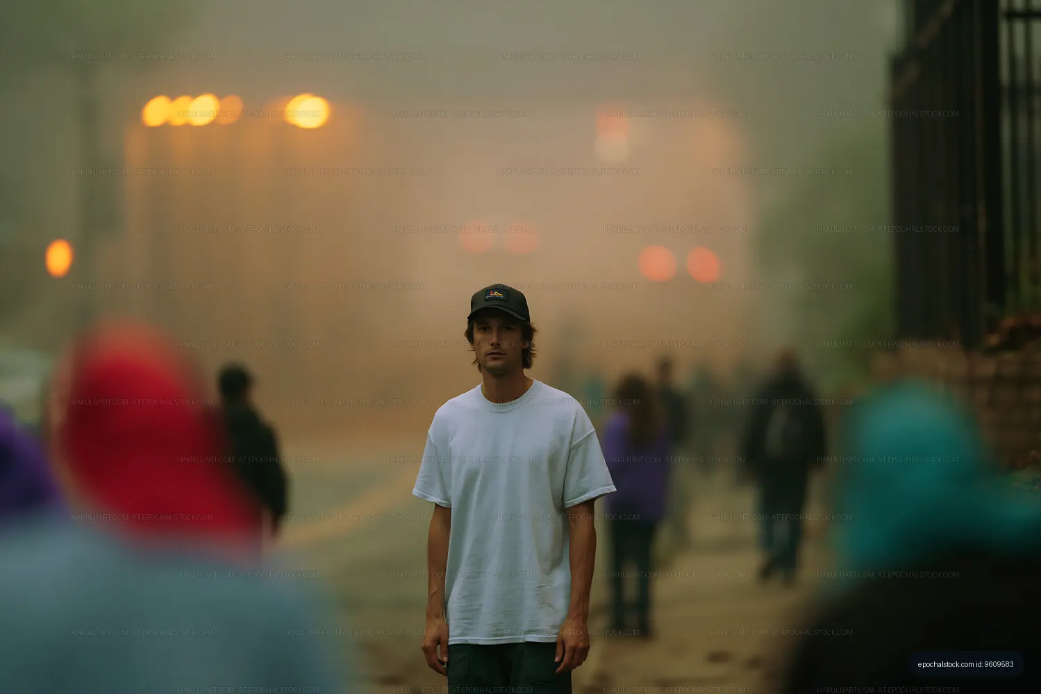 Man standing in a foggy street with people walking in background