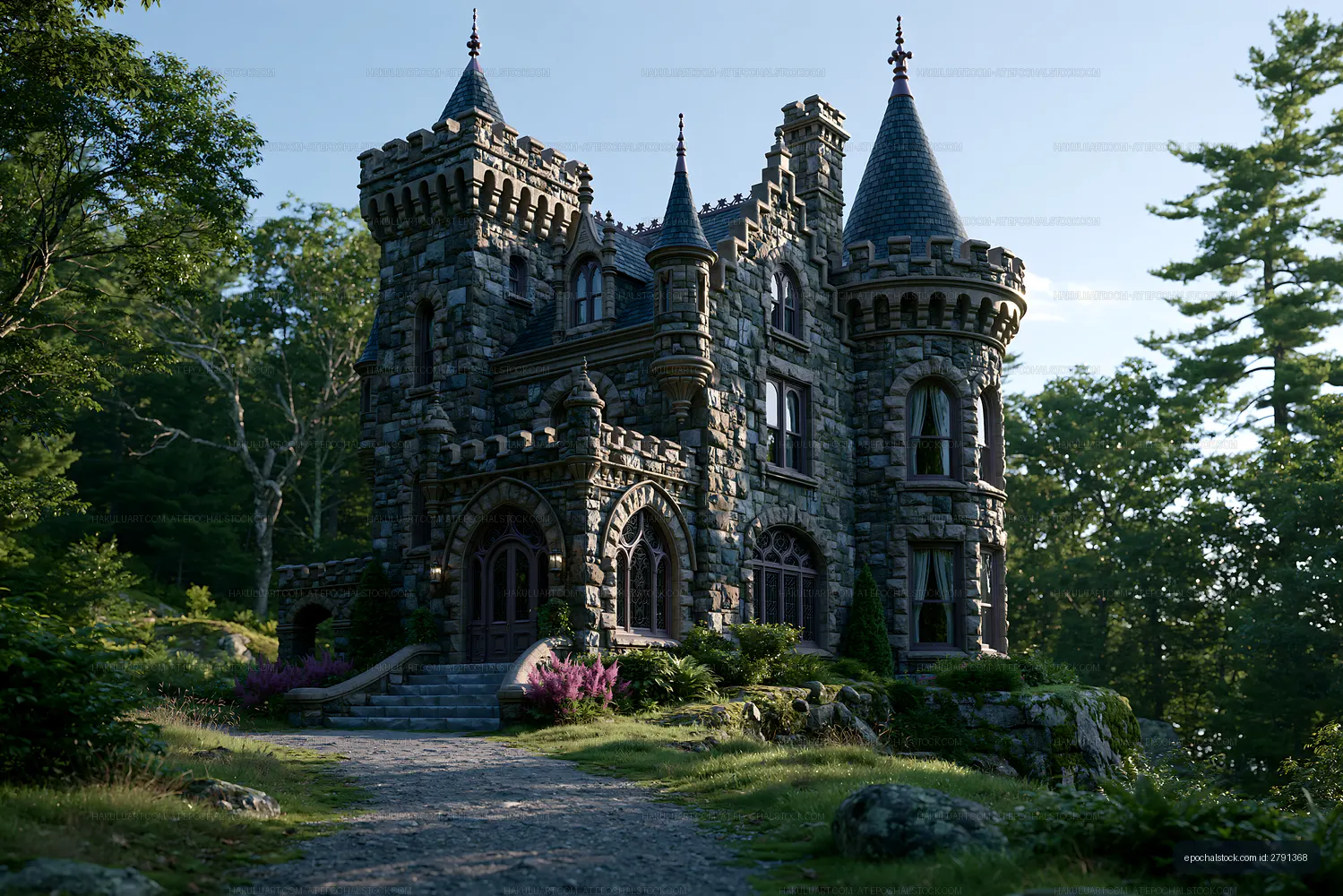 Stone castle situated in a forest area during daytime