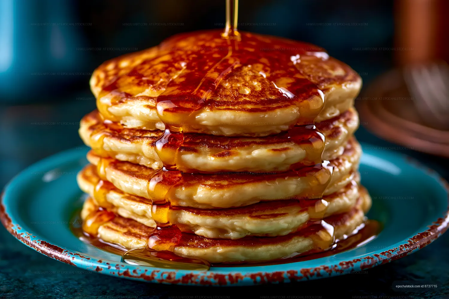 Stack of pancakes with syrup dripping on a blue plate