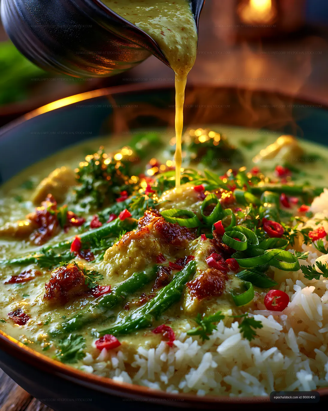 Delicious curry meal served with rice and fresh herbs