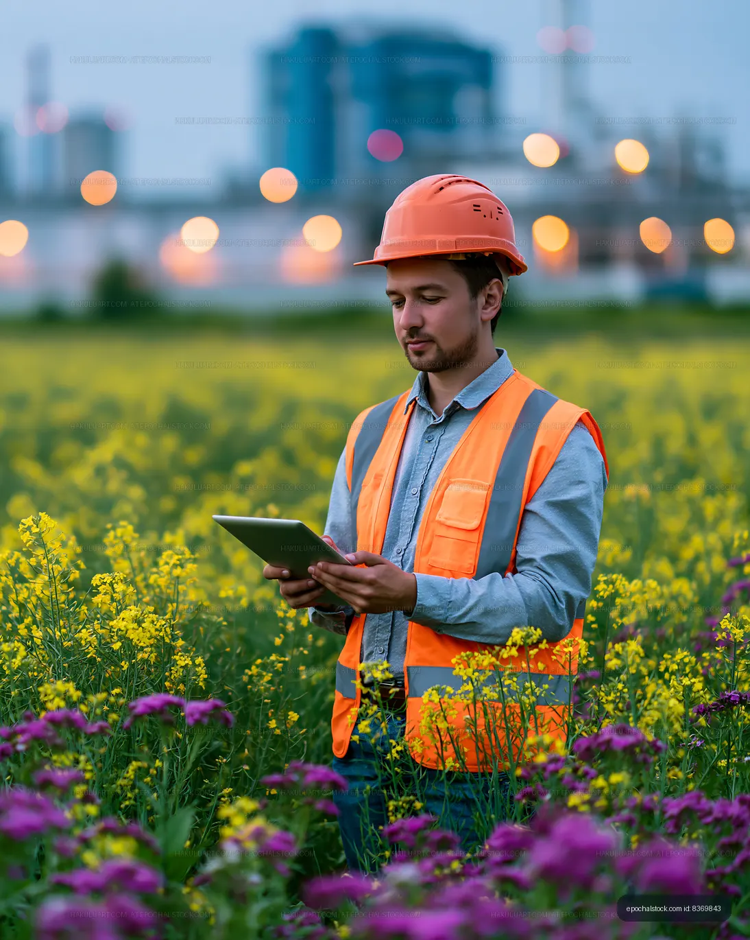 Construction worker using tablet in flower field during sunset