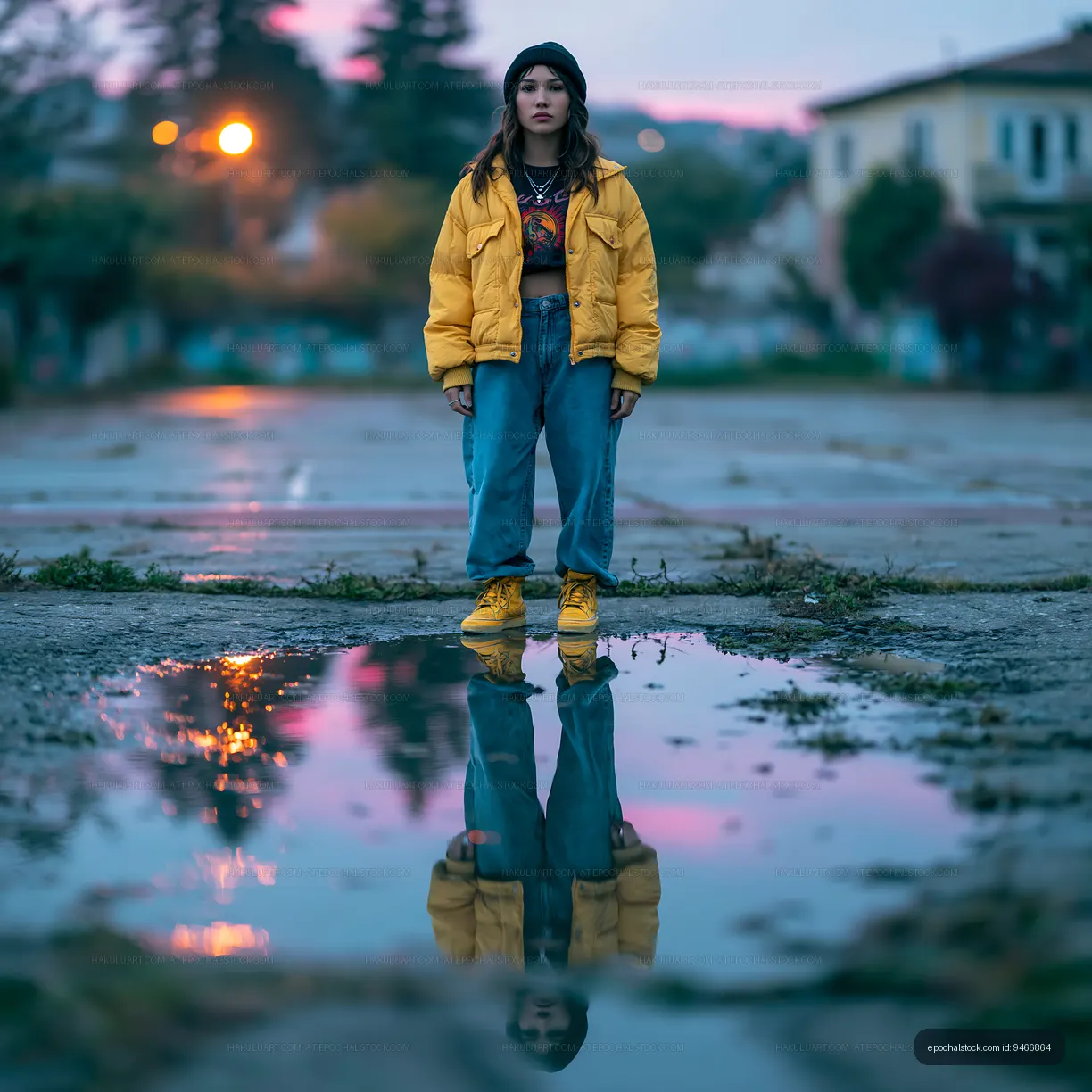 Young person standing in puddle reflecting street lights at dusk