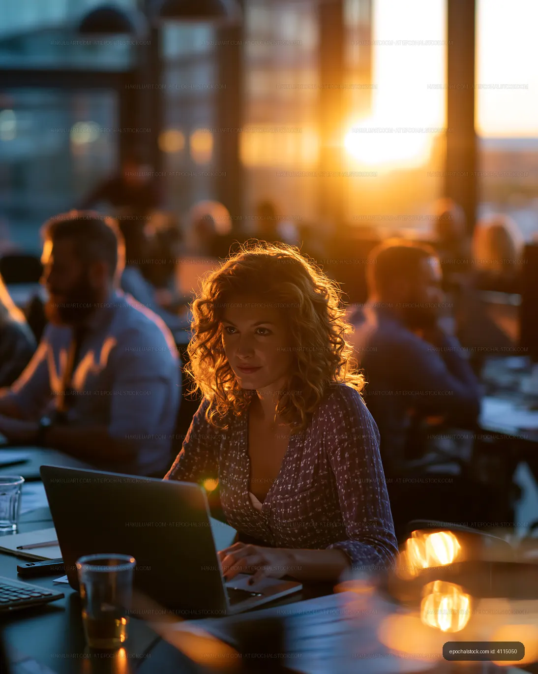 Woman working on laptop in busy cafe during sunset