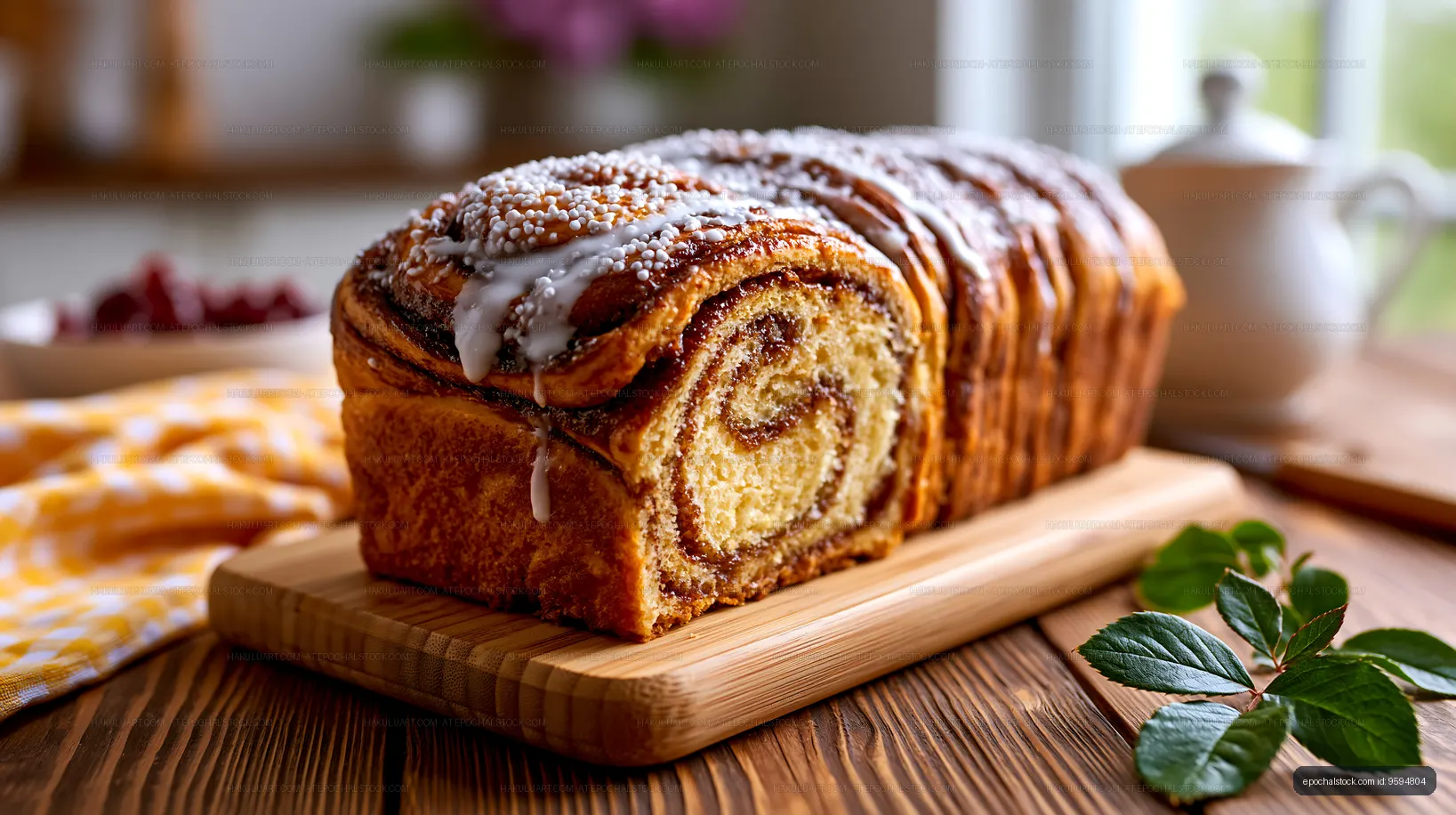 Cinnamon roll loaf on a wooden board in a bright kitchen