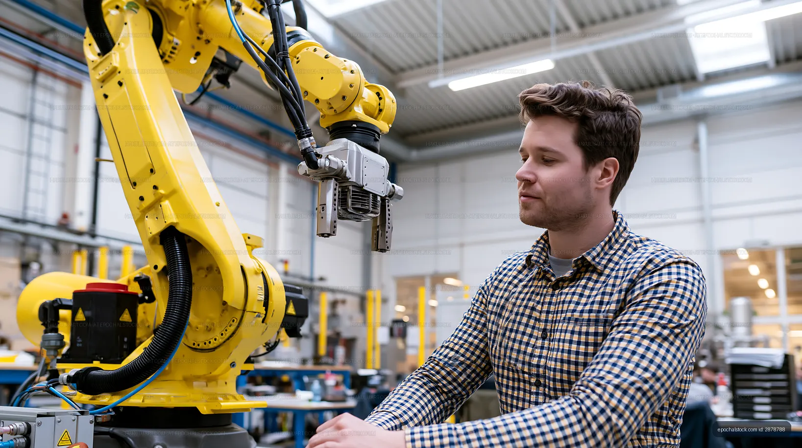 Worker interacts with robotic arm in modern manufacturing facility
