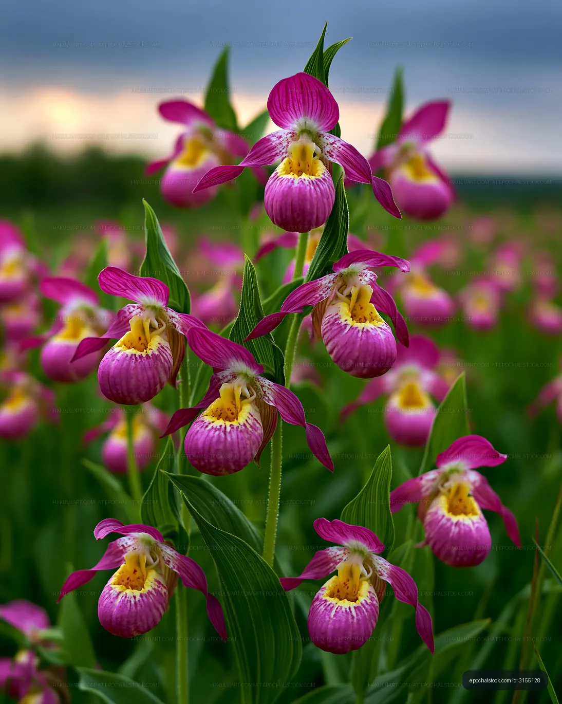 Pink wildflowers bloom in a green field during cloudy daylight