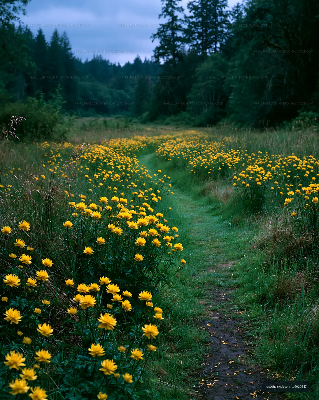 Path through wildflowers in a forest clearing