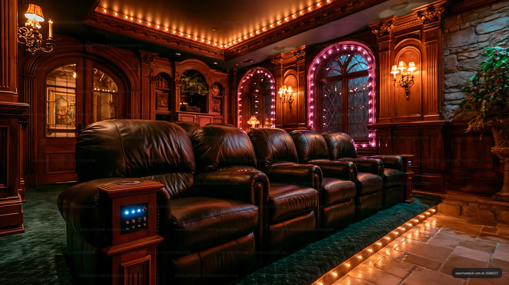 Home theater with comfortable seating and elegant decor