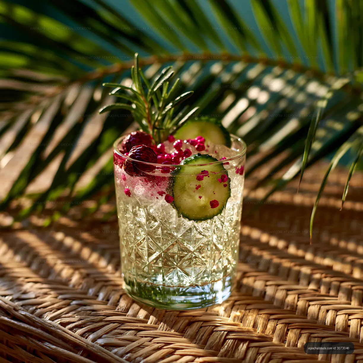 Refreshing drink with cucumber and herbs on a woven surface