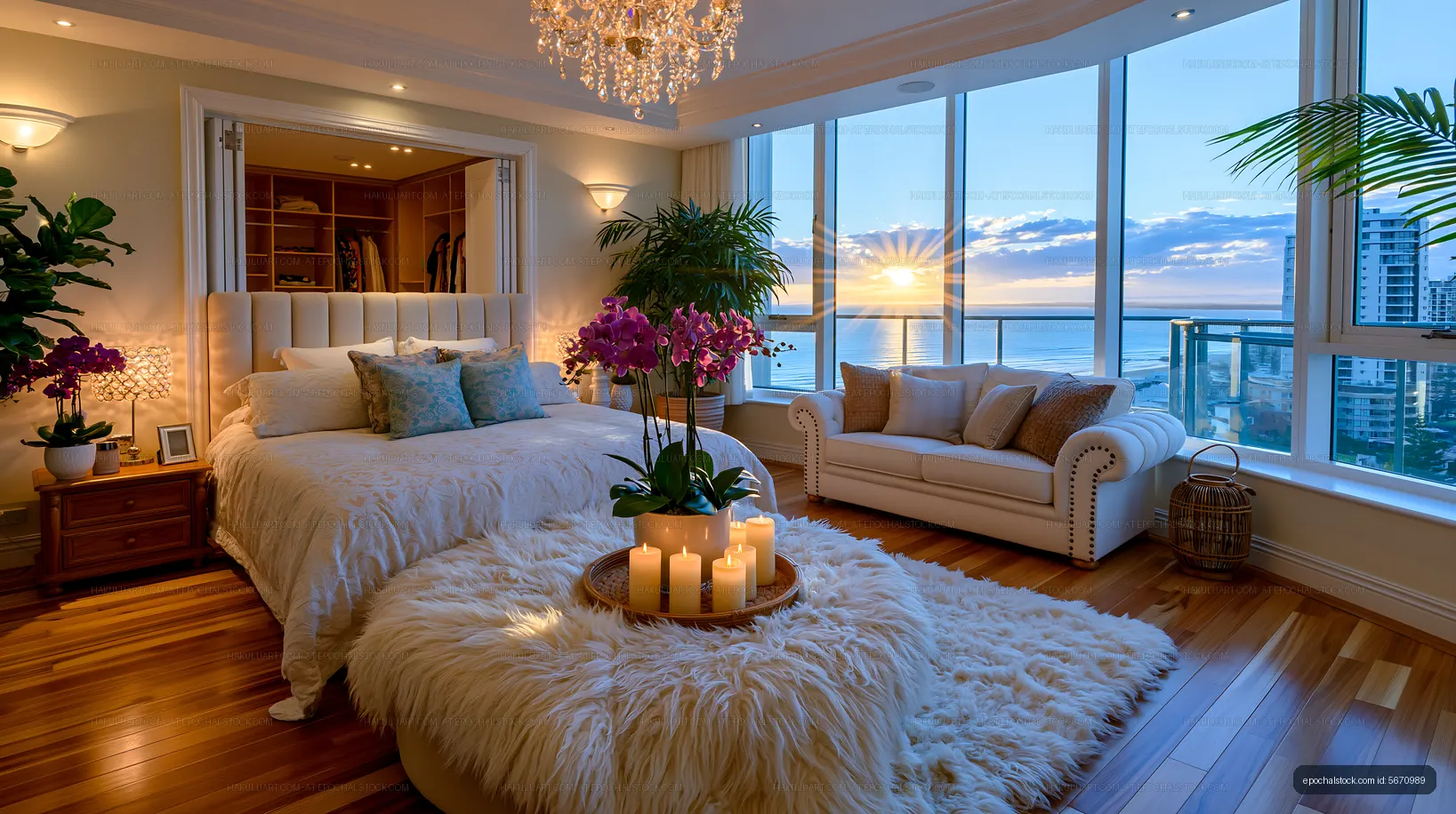Modern bedroom with a view and sunset in a high-rise apartment