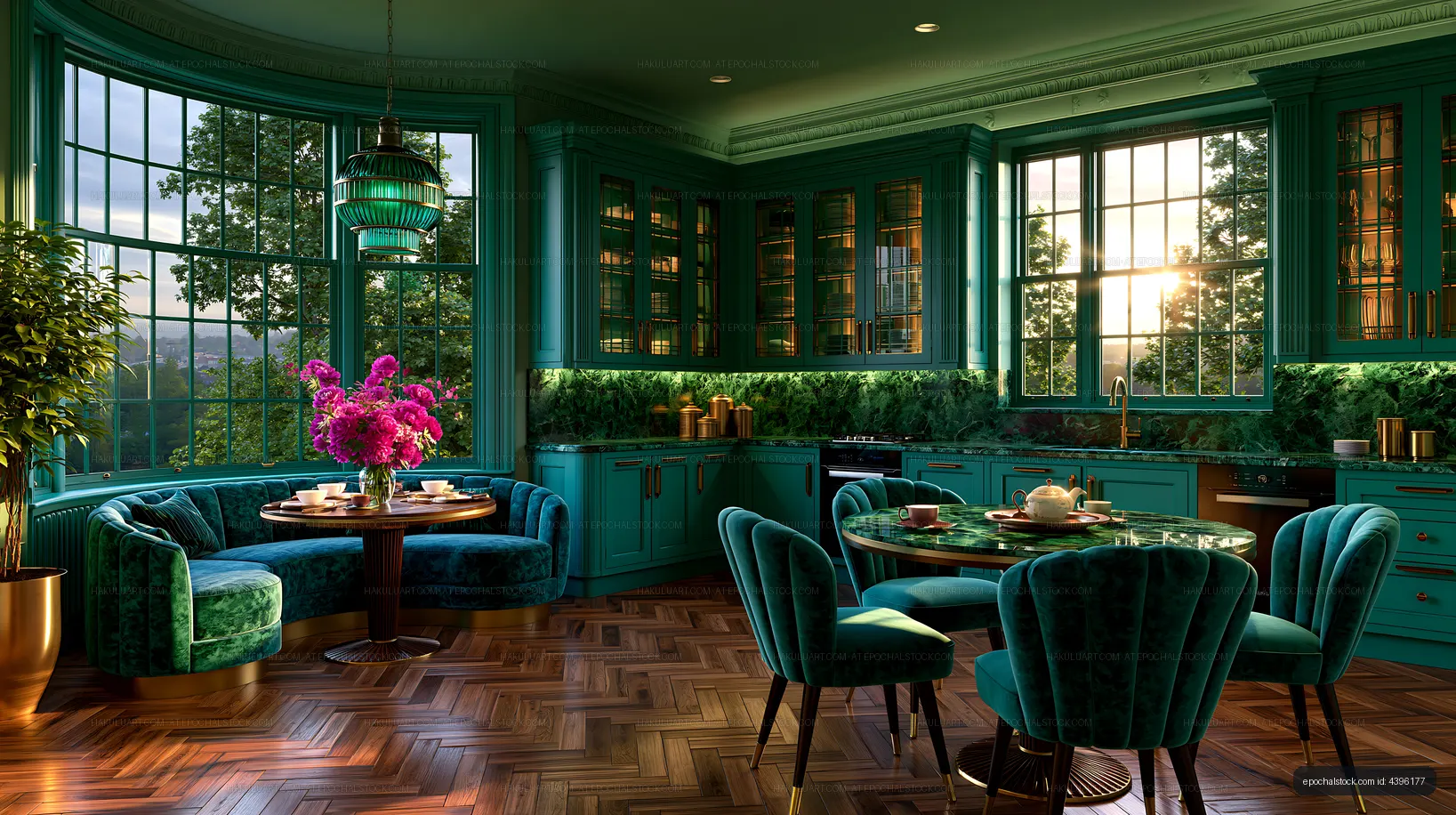 Modern kitchen with teal cabinets and colorful flowers at sunset