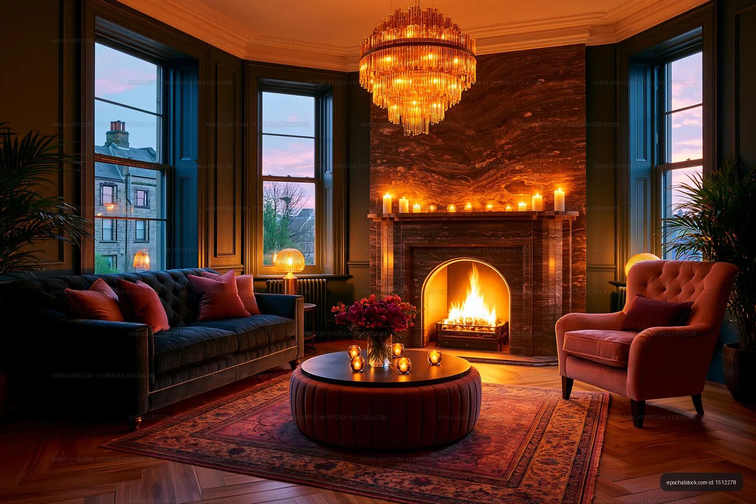Modern living room with fireplace and warm lighting at dusk