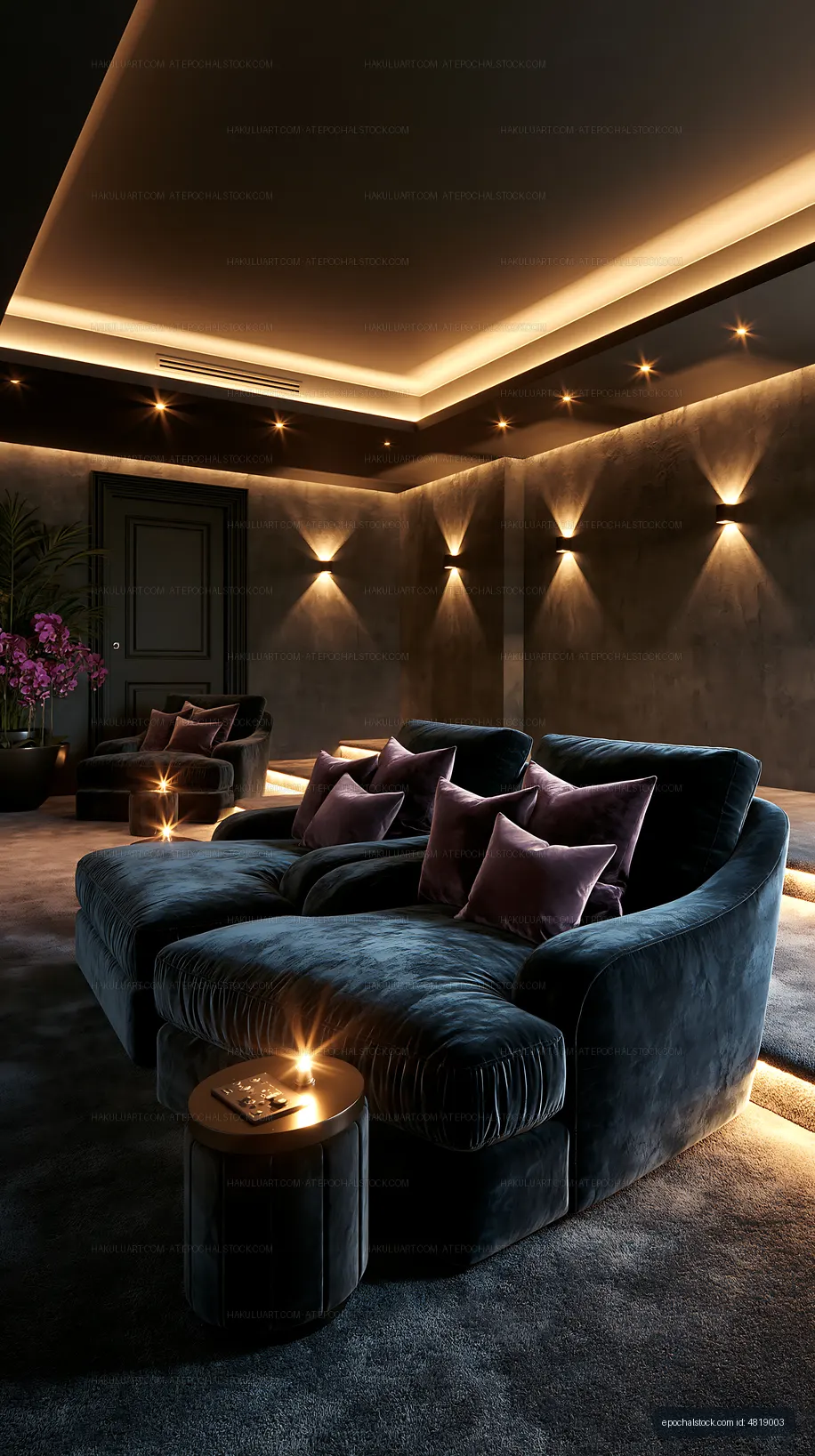 Luxurious living room with modern sofa and soft lighting