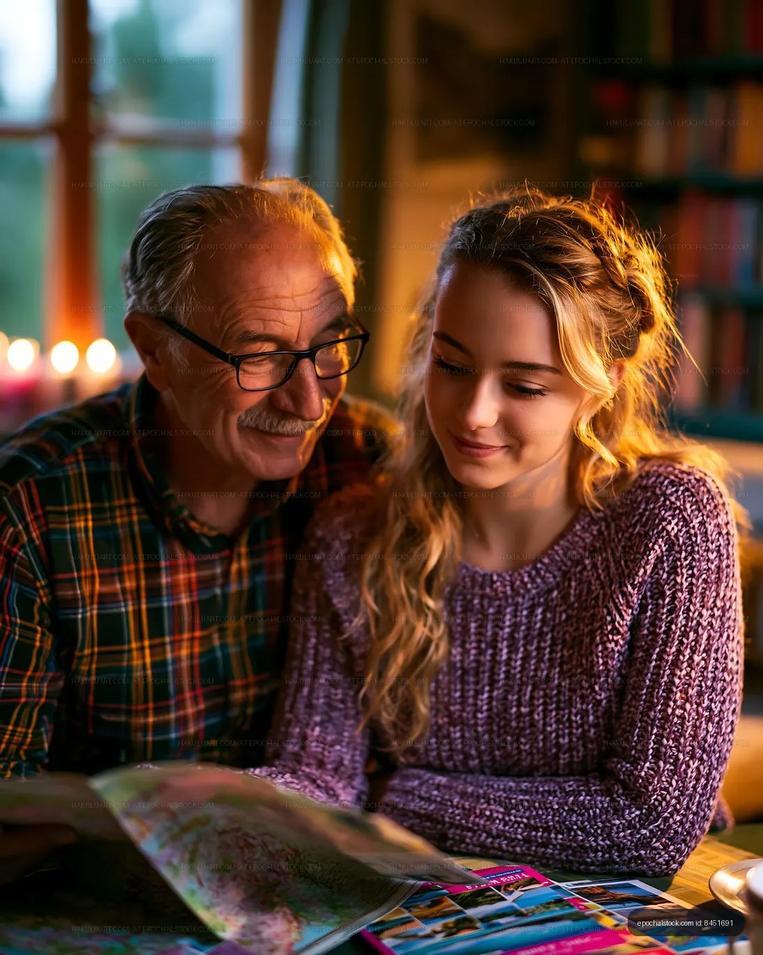 Grandfather and granddaughter exploring map at cozy table