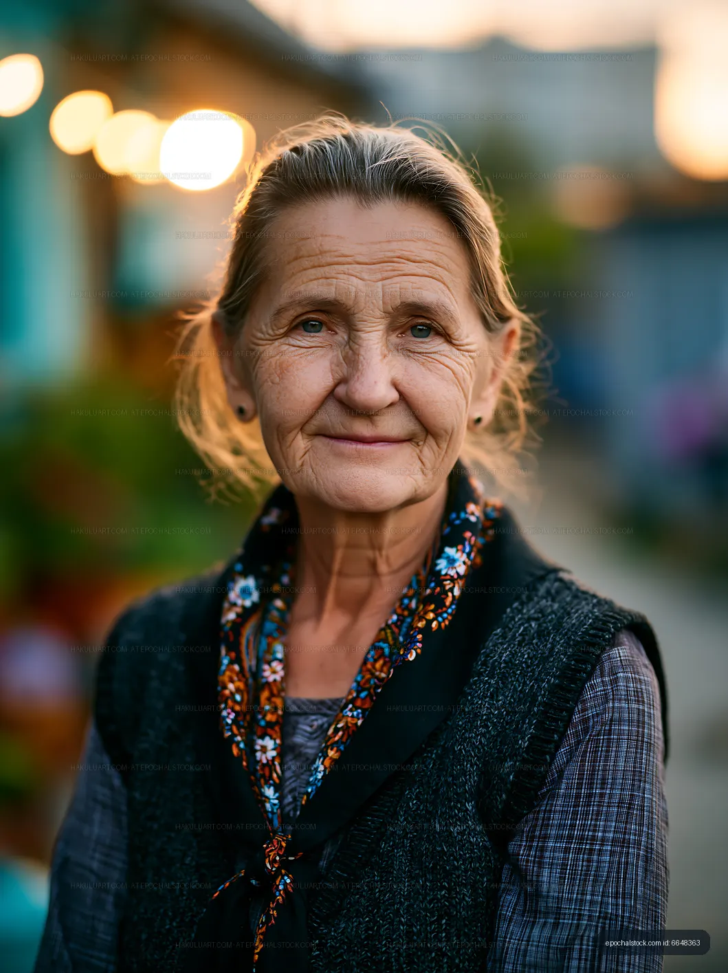 Portrait of an older woman smiling outdoors during sunset
