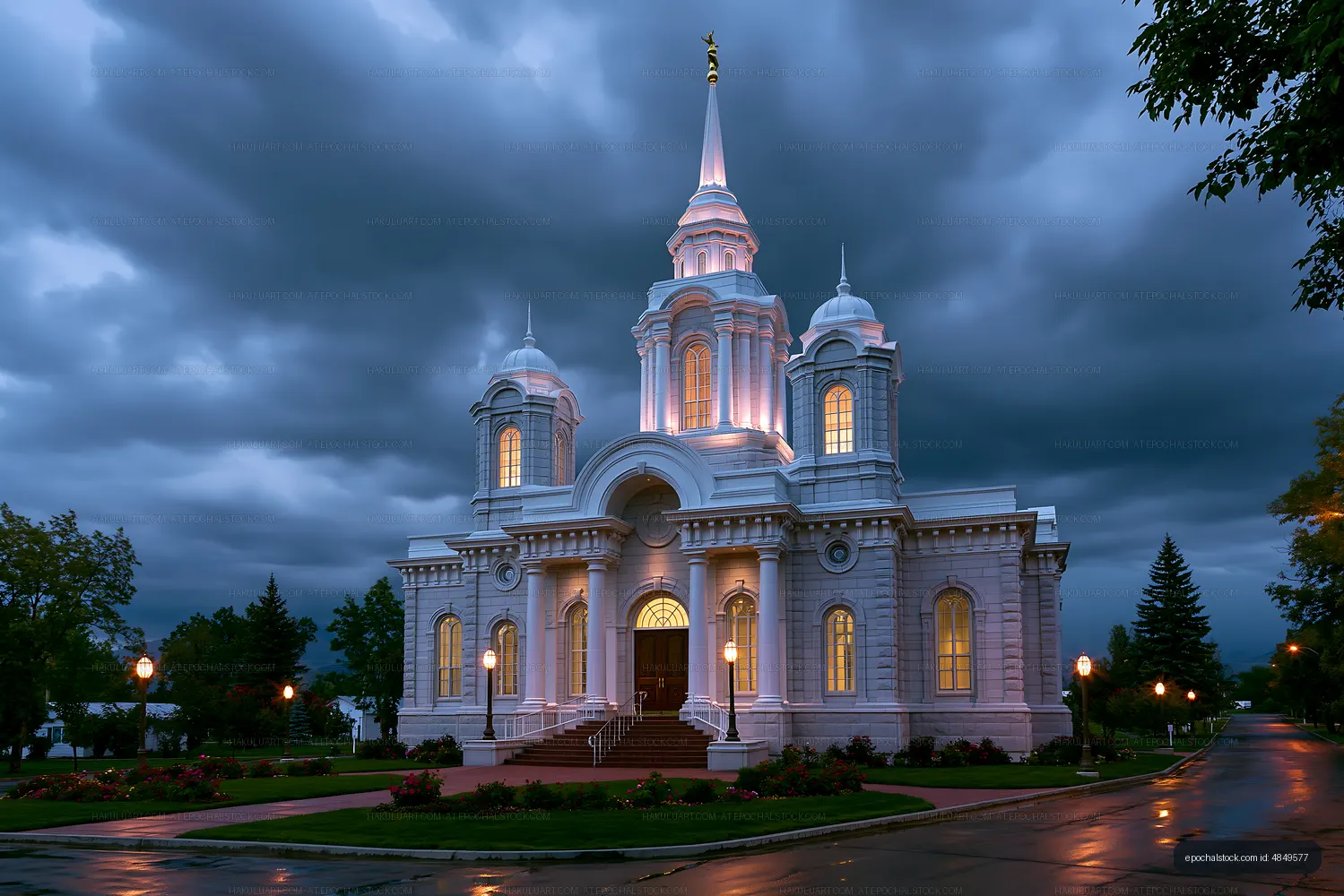 Church building with spires illuminated at dusk in cloudy weather