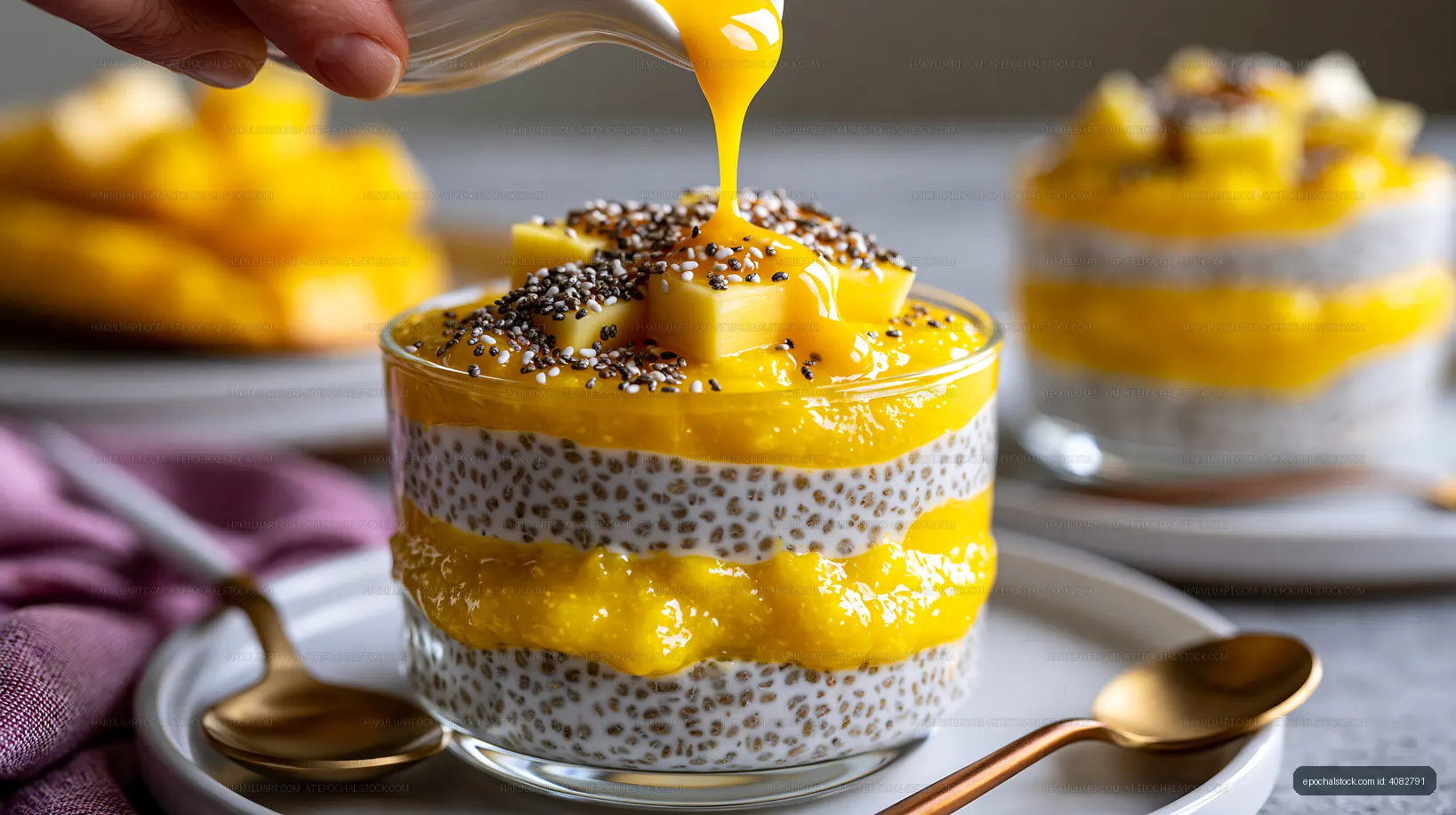 Chia pudding topped with mango and chia seeds served on a plate