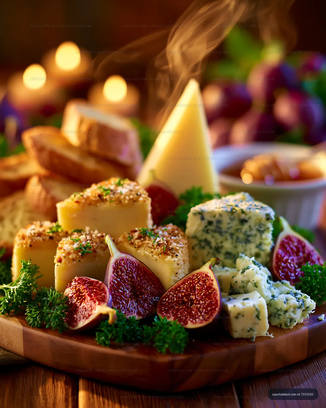 Cheese platter with figs and bread on a wooden table