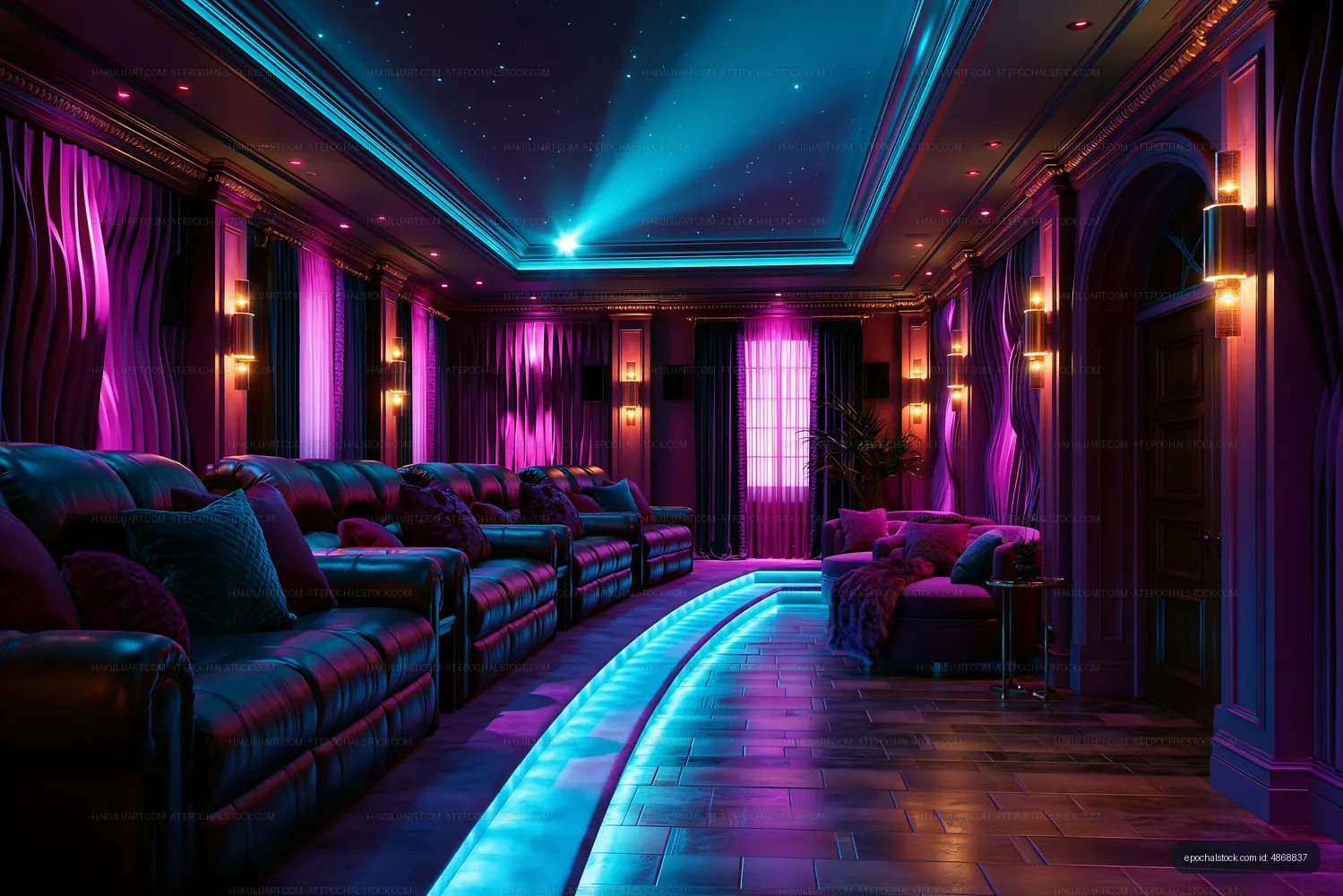 Home theater with purple lighting and recliner seating