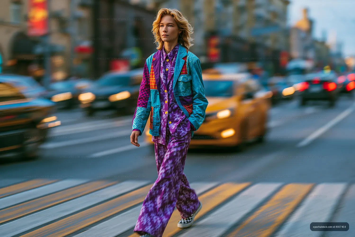 Model walking on city crosswalk in colorful outfit