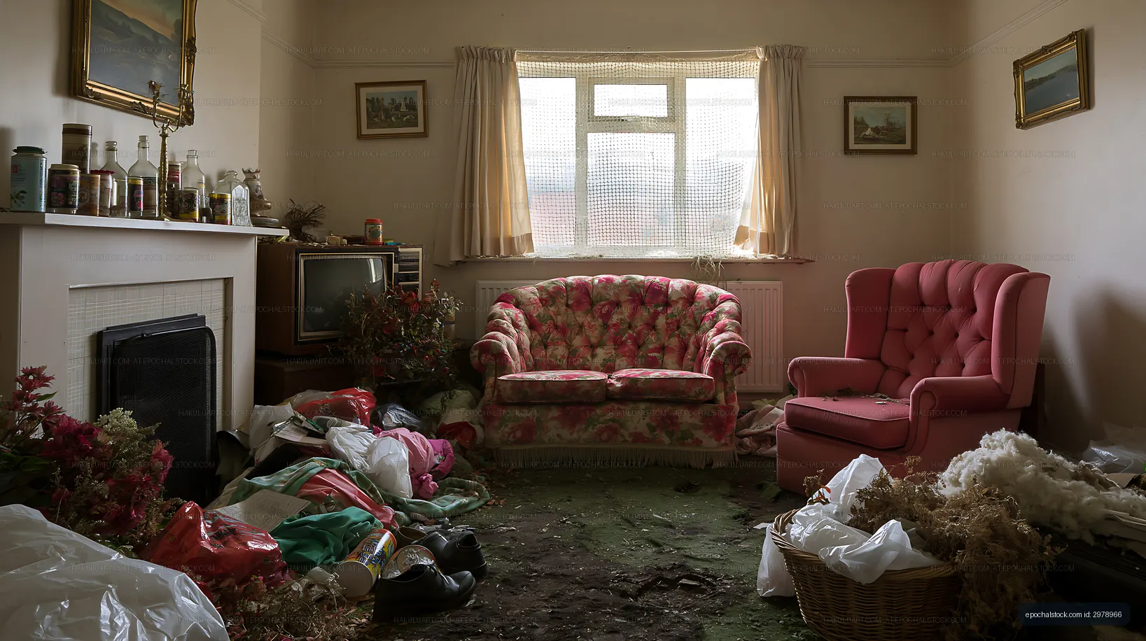 Living room with clutter and old furniture in an abandoned house