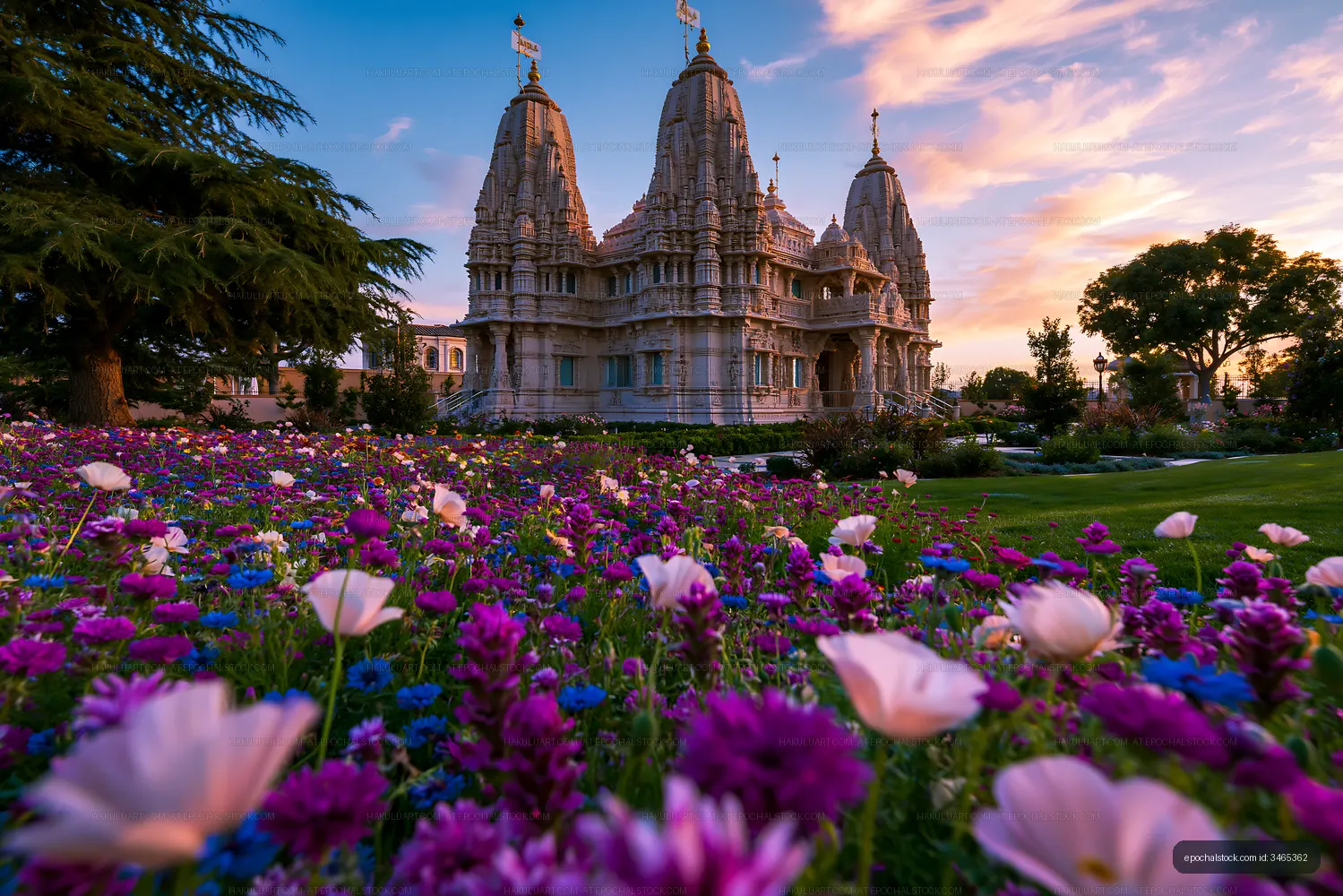 Vibrant flowers surrounding a temple at sunset