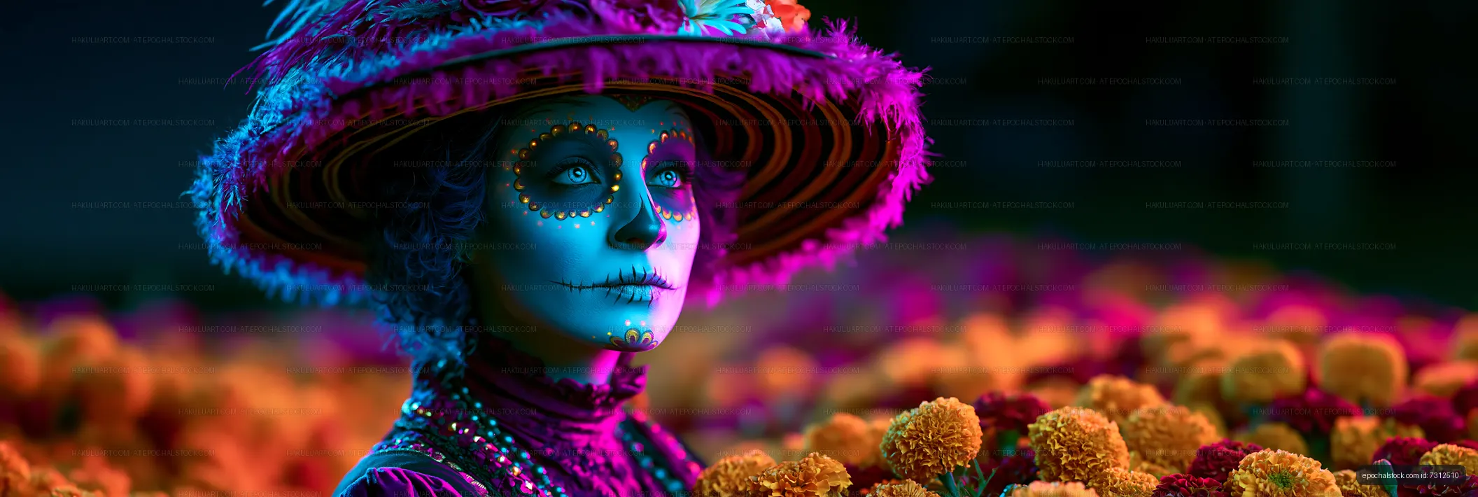 Woman in colorful costume among marigold flowers