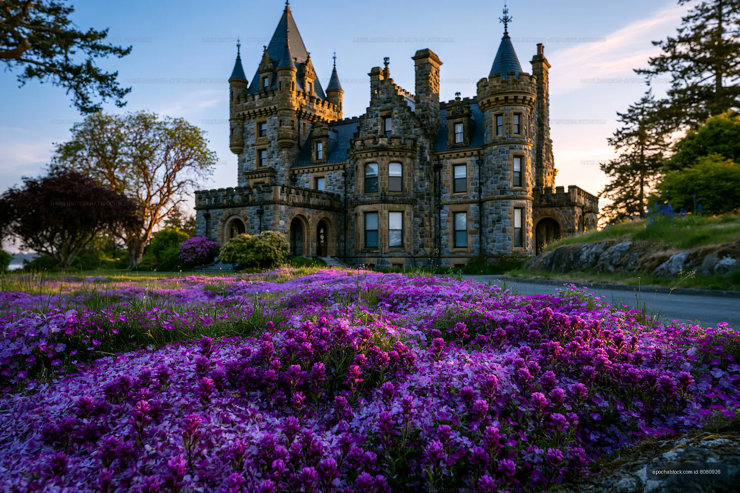 Historic castle with colorful flowers in the foreground