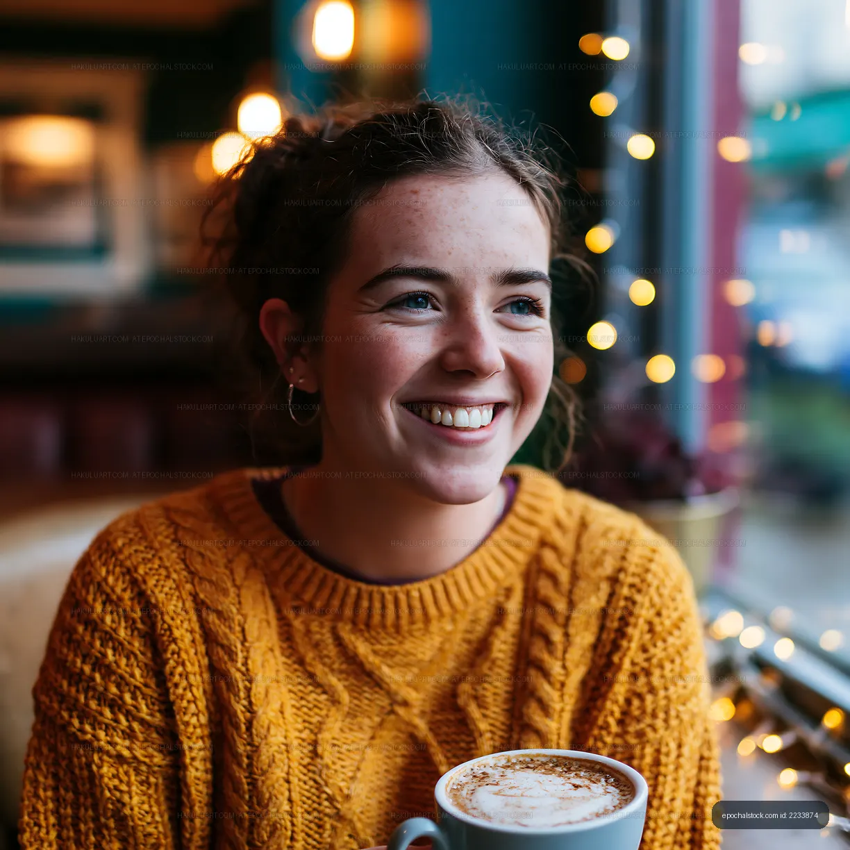 Young woman smiling in cozy cafe with coffee and fairy lights