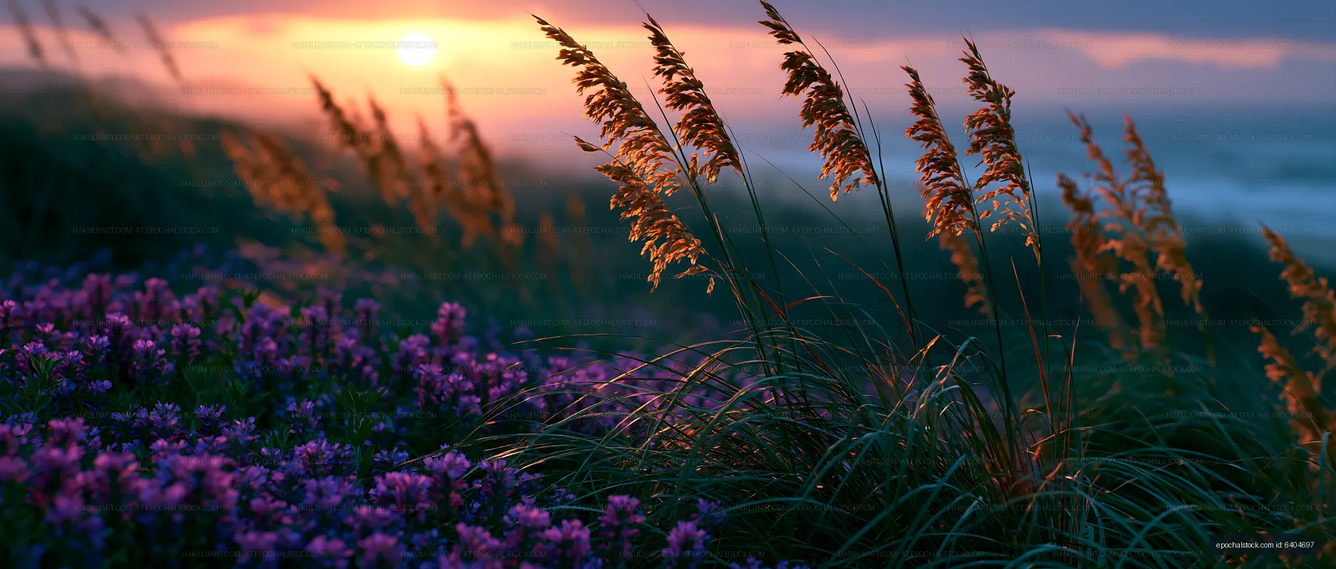 Sunset over purple flowers and grass on a coastal landscape