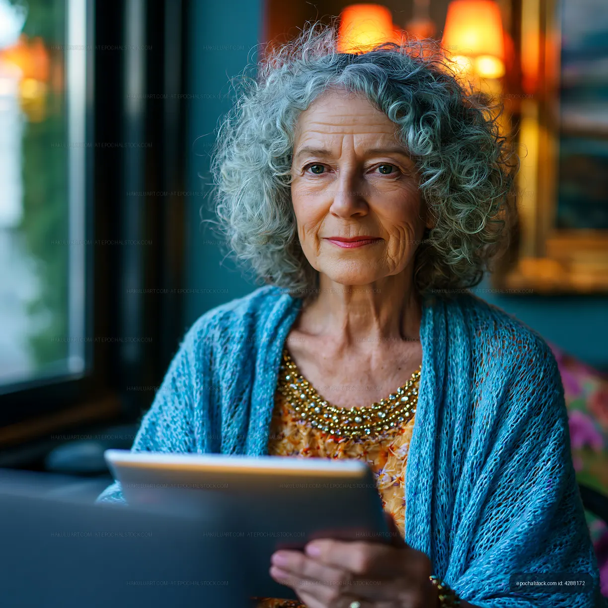 Senior woman using tablet in cozy indoor space at night