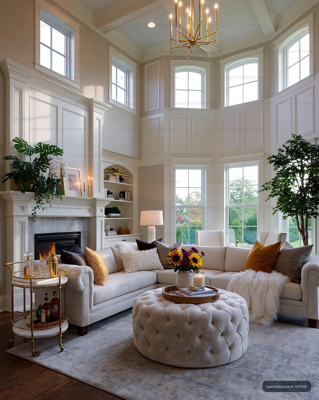 Bright living room with modern decor and large windows