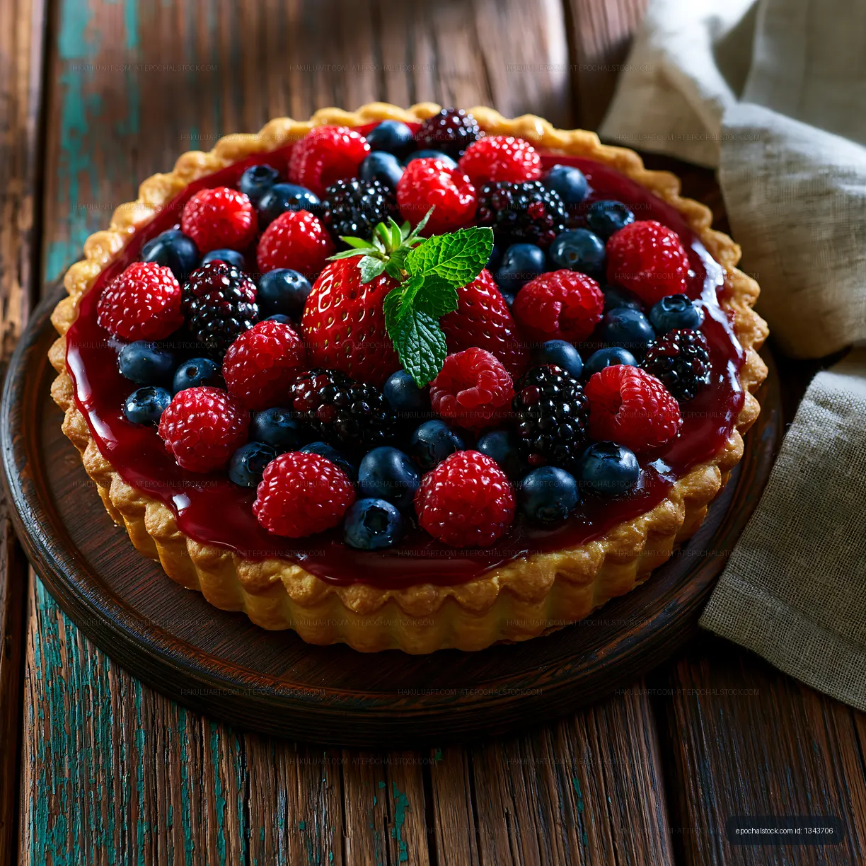 Fresh berry tart on wooden table with mint garnish