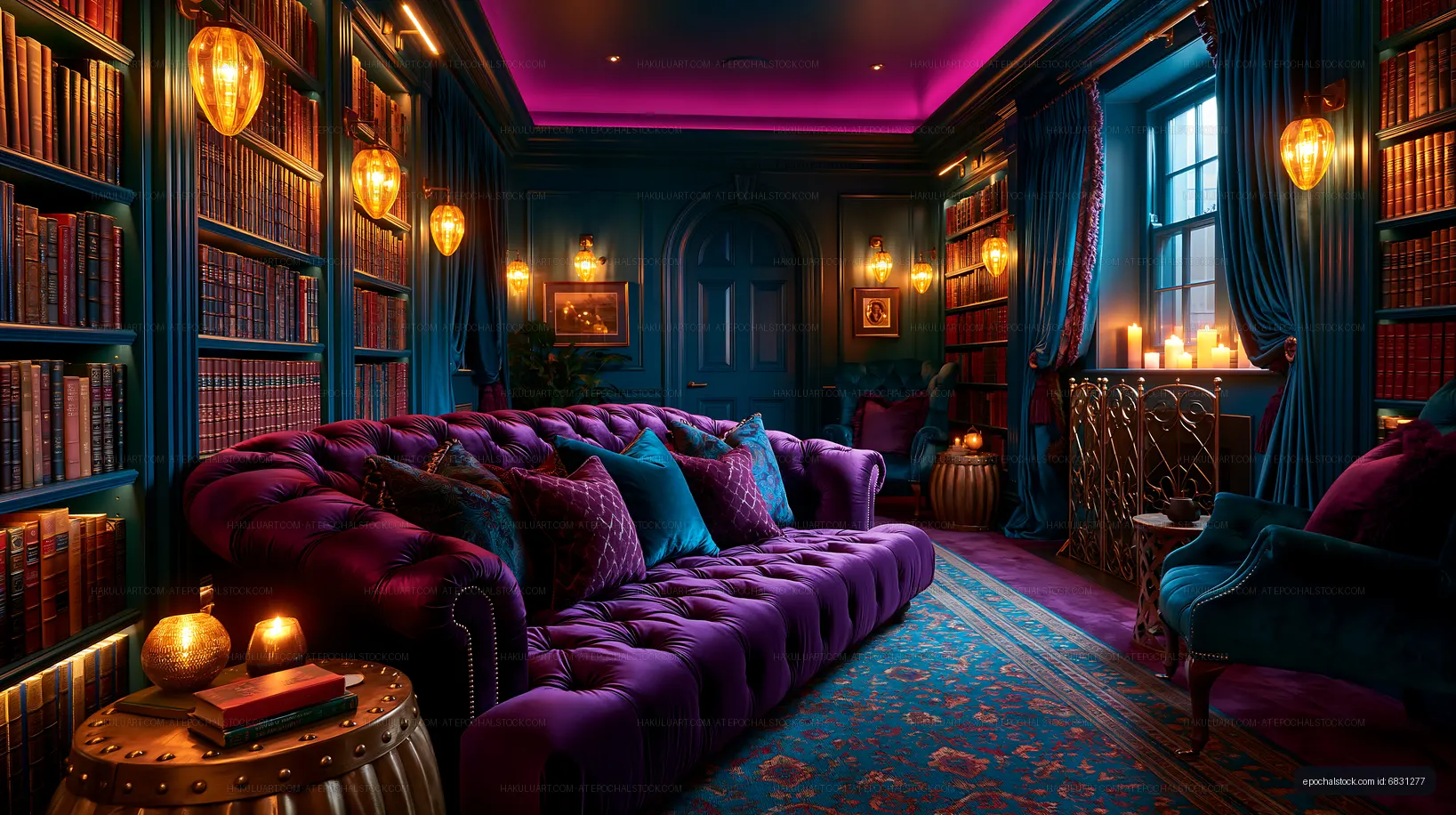 Cozy reading room with dark decor and vibrant accents
