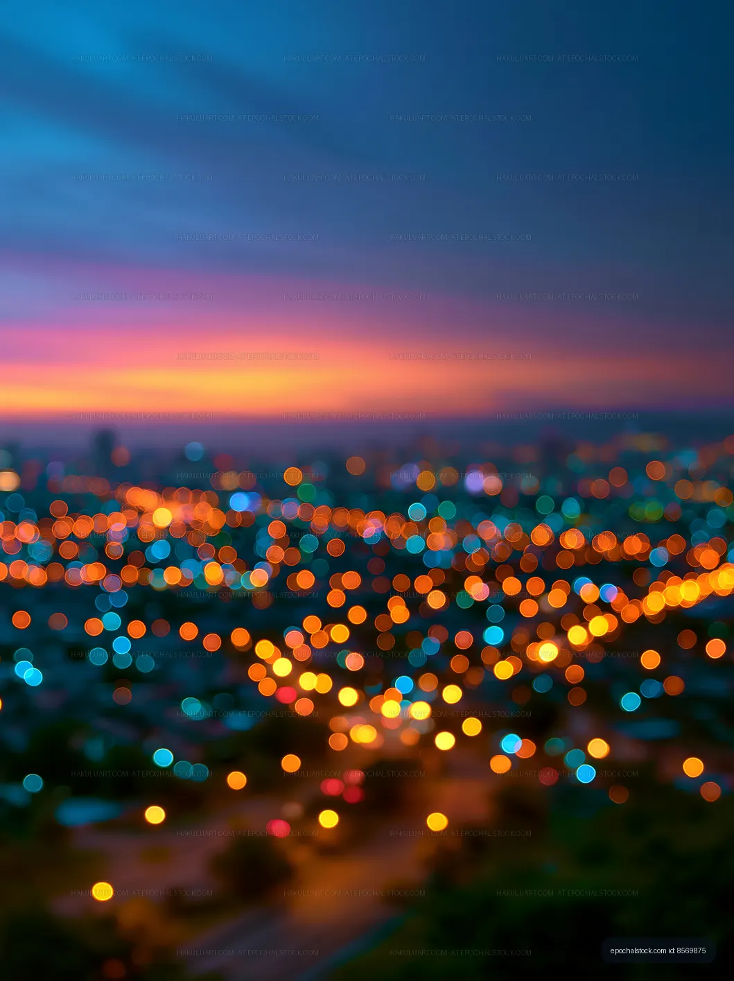City skyline with blurred lights at twilight