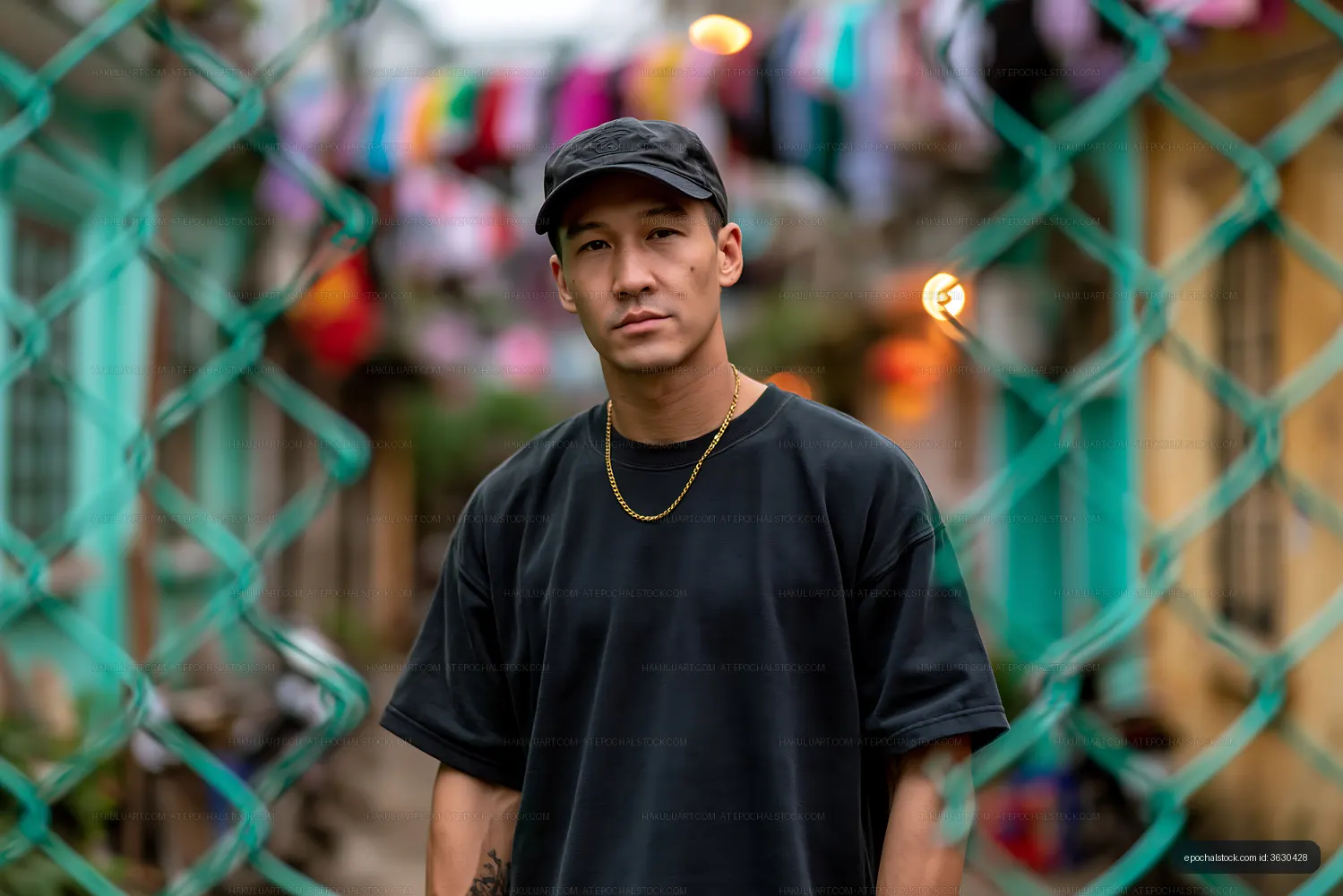 Man stands in a casual outfit by a colorful neighborhood