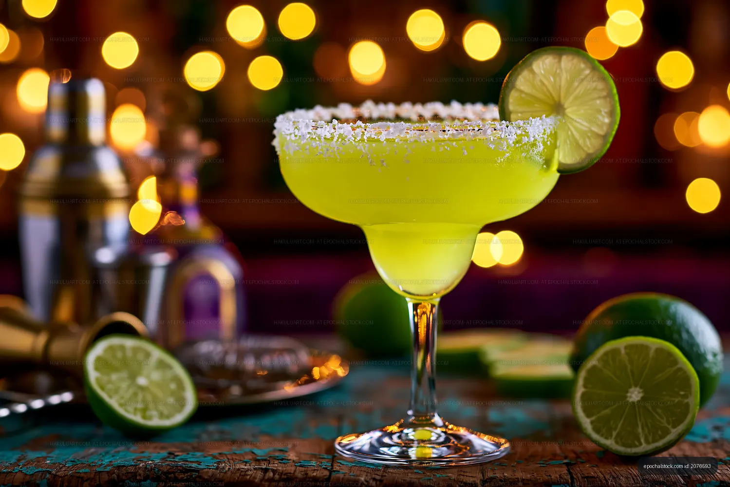 Margarita cocktail with lime slice and festive background