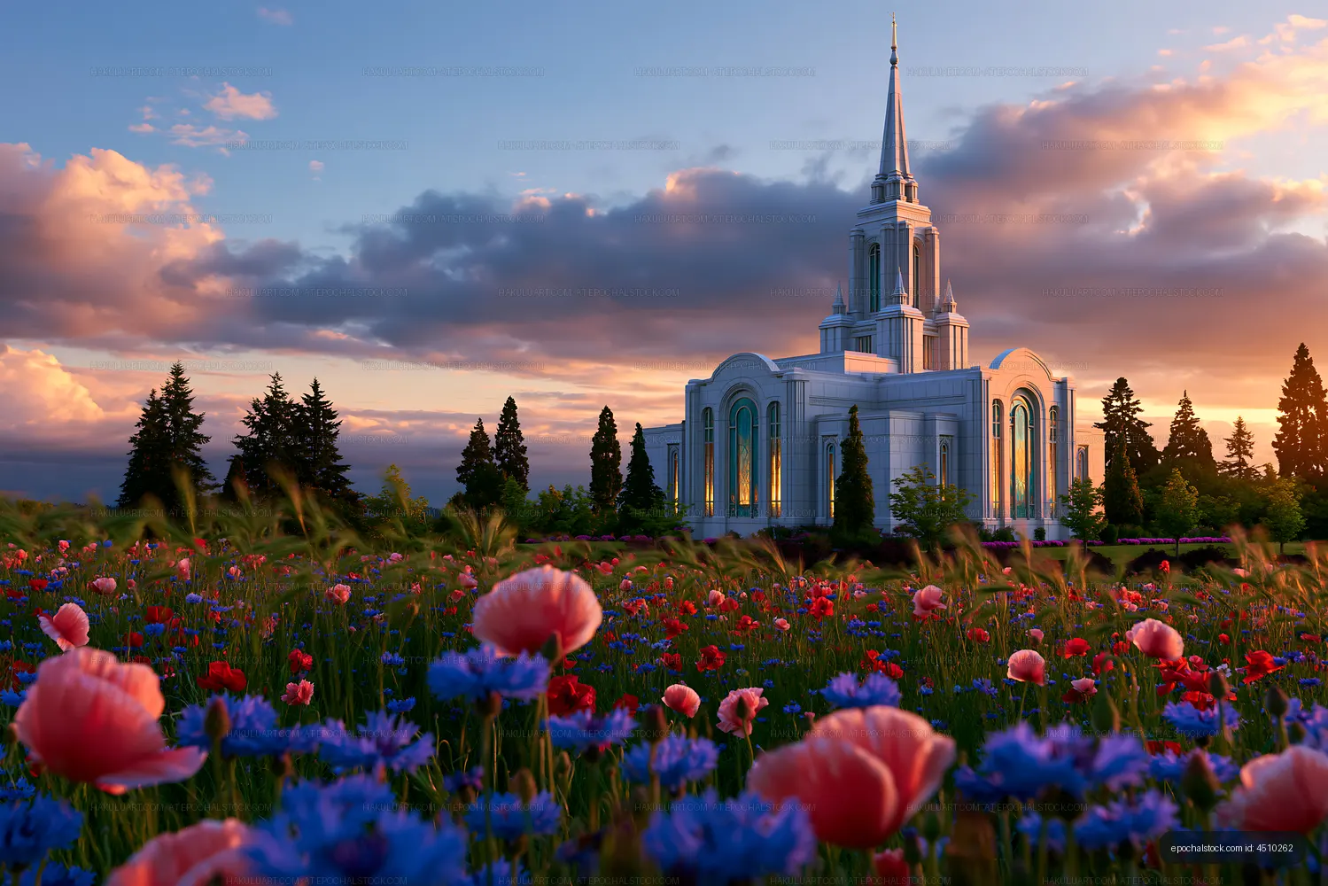 Church surrounded by colorful flowers at sunset
