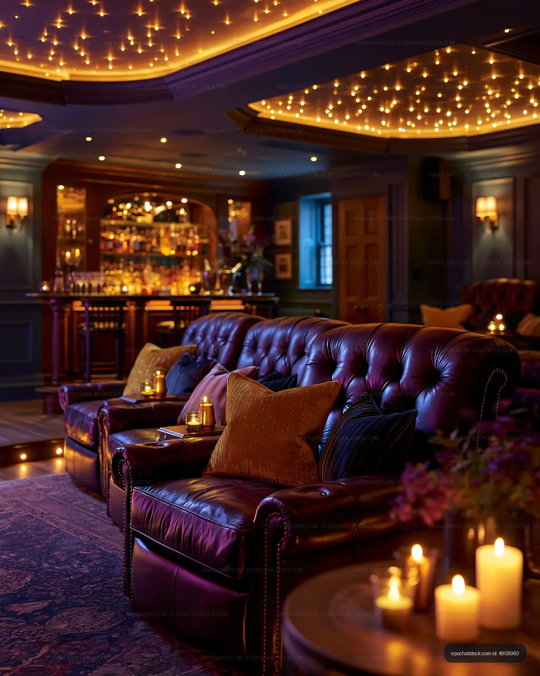 Cozy lounge with leather sofas and candles in a dimly lit bar