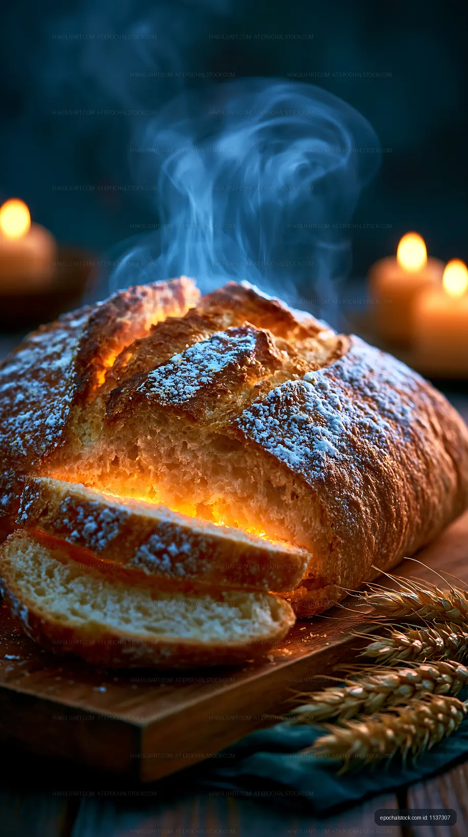 Freshly baked loaf of bread with steam and flickering candles