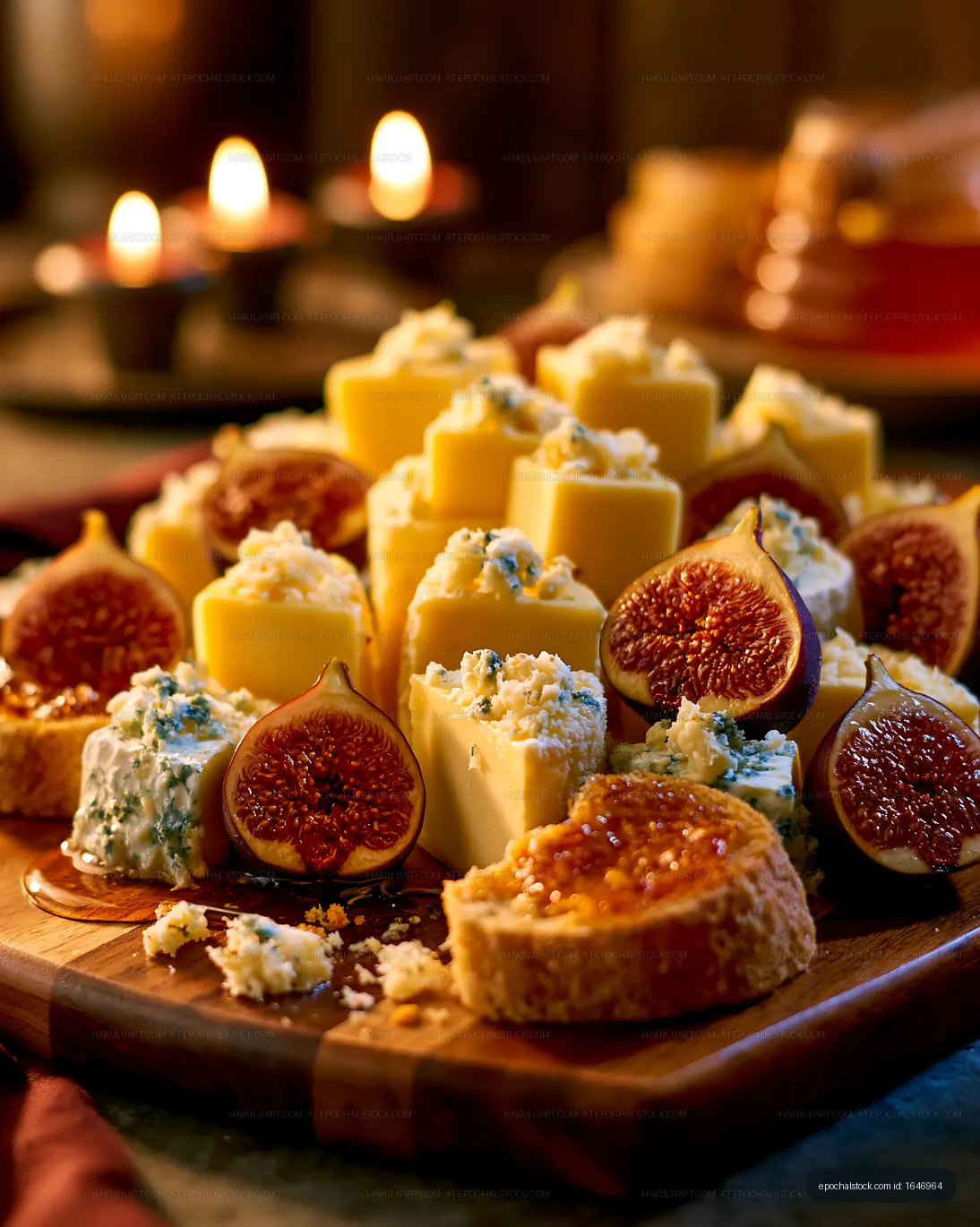 Cheese platter with figs and bread on rustic table