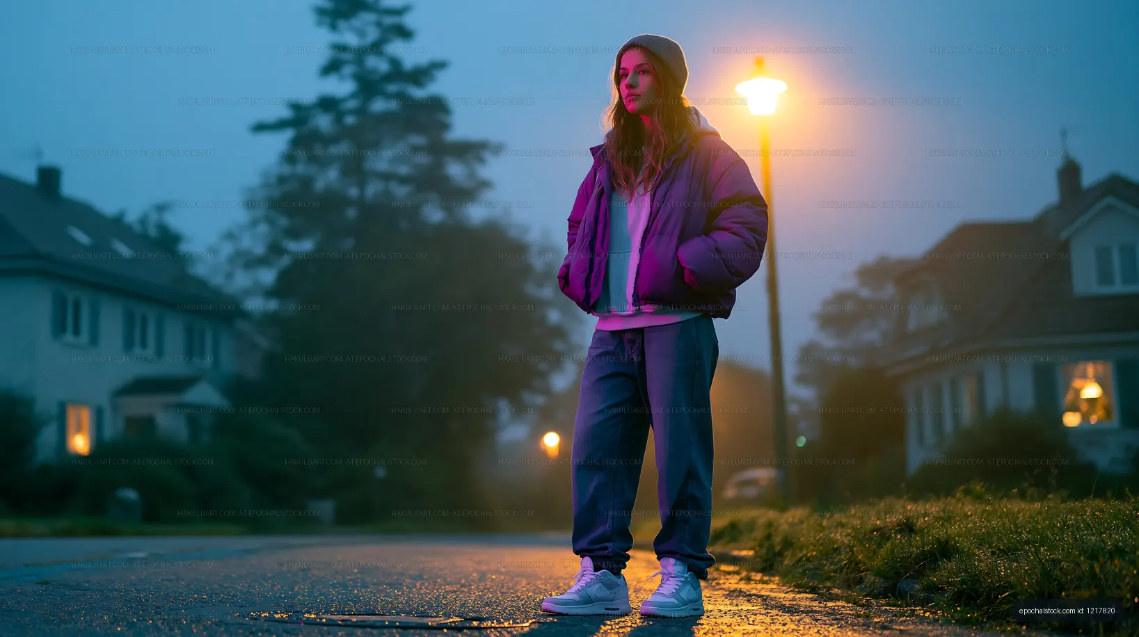 Girl standing on a foggy street by a lamp post at night