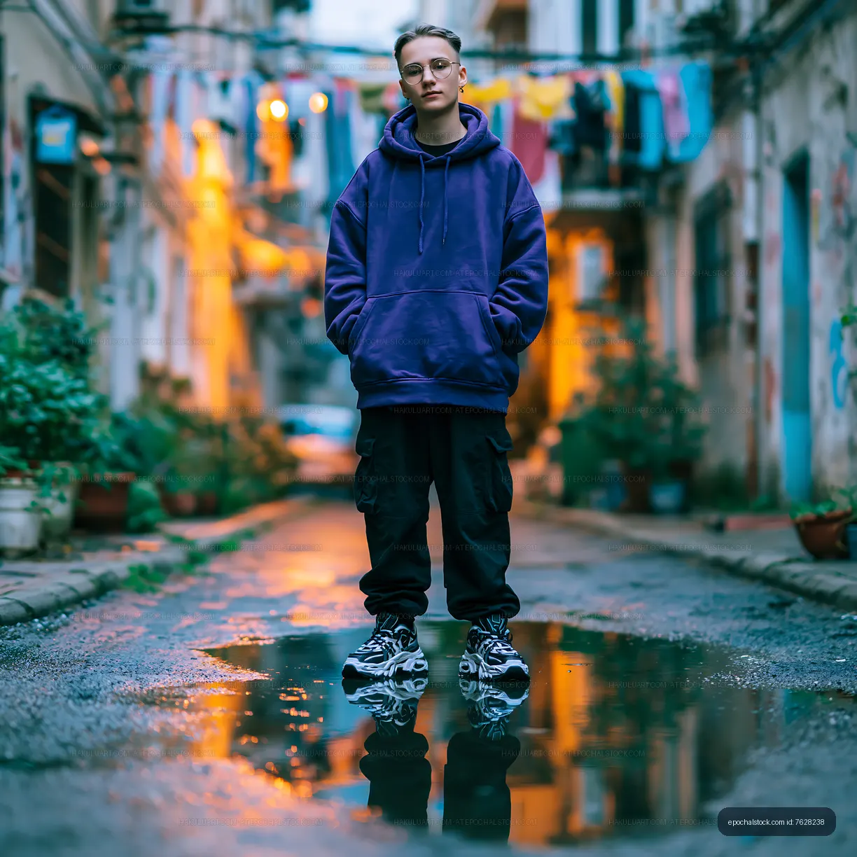 Person standing in alley with colorful clothes hanging nearby