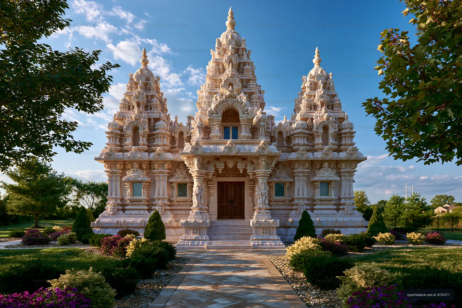 Intricate temple architecture with garden and blue sky