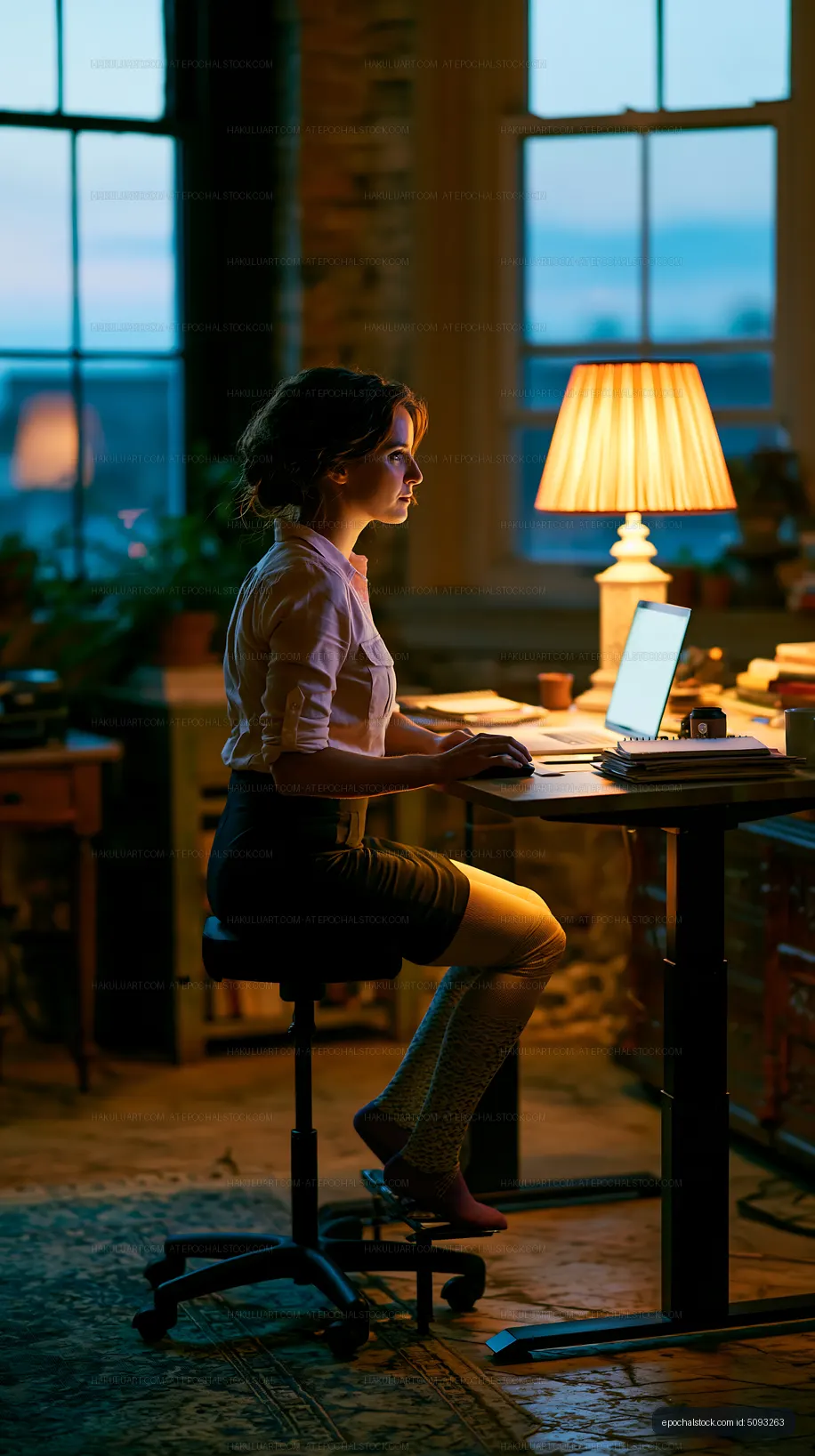 Woman working on a laptop at a desk in an evening setting