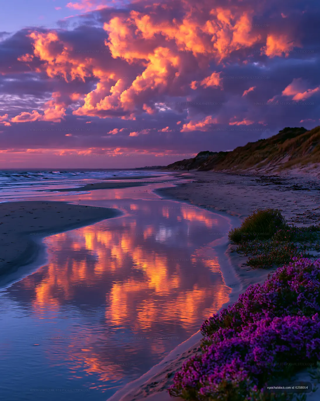 Colorful sky reflected on a beach at sunset with flowers