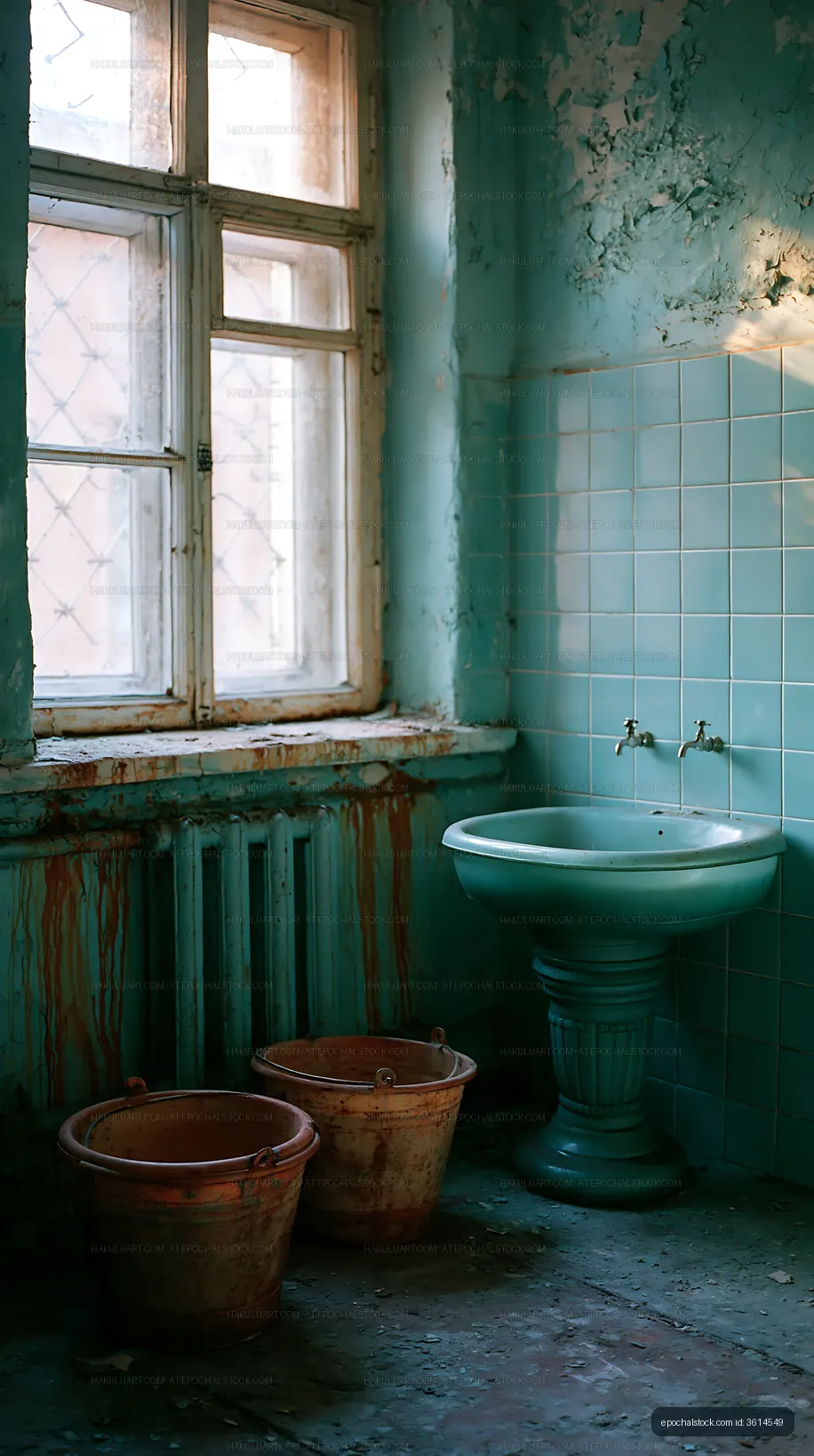 Old bathroom with turquoise tiles and buckets on the floor